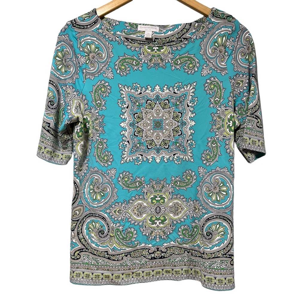 Charter Club Petite Paisley Medallion Boat Neck Top Turquoise Green PS #486